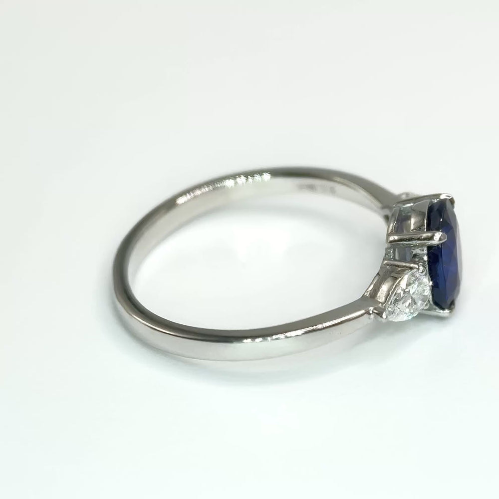 
                  
                    Load and play video in Gallery viewer, 1.08ct Cushion Blue Sapphire w/2 Pear Natural Diamonds Ring in Platinum
                  
                